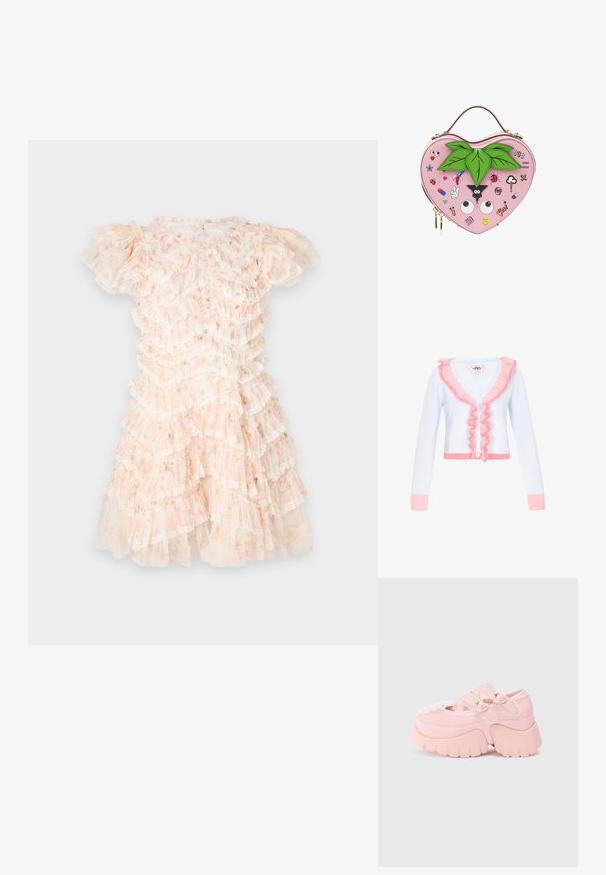 Lichtblauwe cardigan met een roze ruchesdetail langs de kraag en voorkant. Heeft lange mouwen, vijf witte knopen en een geribde zoom.; Bloemengestipt jurk in pastelroze en crème, met gelaagde volants en kantaccenten. Korte pofmouwen en een ronde halslijn.; Chunky platform roze schoen met dubbele hartvormige gespen, kantafwerking en stevige sculpted zool tegen een plain witte achtergrond.; Hartvormige roze handtas met groene blaadjes bovenop en verschillende kleurrijke cartoonpatches, waaronder ogen, een lieveheersbeestje en emoji's.