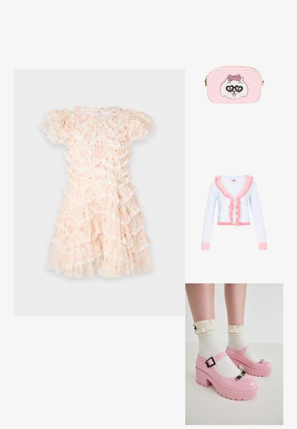 Lichtblauwe cardigan met een roze ruchesdetail langs de kraag en voorkant. Heeft lange mouwen, vijf witte knopen en een geribde zoom.; Bloemengestipt jurk in pastelroze en crème, met gelaagde volants en kantaccenten. Korte pofmouwen en een ronde halslijn.; Roze lakleren plateau schoenen met een ronde neus, verstelbare gesp en zwarte cat eye accenten, gecombineerd met witte ribbelkousen en gerimpelde randen.; Kleine roze gewatteerde pouch met ritssluiting, versierd met een wit hondenhoofd met zwarte hartvormige bril en een roze glitterstrik.