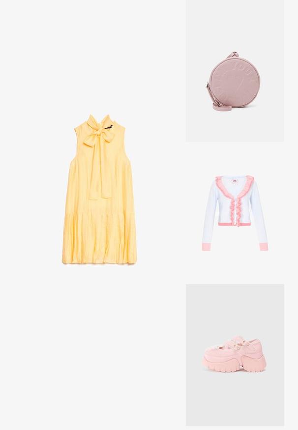 Lichtblauwe cardigan met een roze ruchesdetail langs de kraag en voorkant. Heeft lange mouwen, vijf witte knopen en een geribde zoom.; Mouwloze gele jurk met een hoge hals die met een strik is vastgemaakt en een geplooide zoom, plat gelegd op een witte achtergrond.; Chunky platform roze schoen met dubbele hartvormige gespen, kantafwerking en stevige sculpted zool tegen een plain witte achtergrond.; Ronde roze leren tas met geperste tekst en hartontwerp, voorzien van een afneembare schouderband en een gladde textuur.