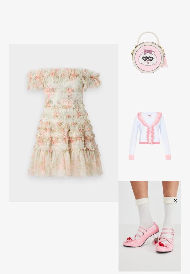 Lys blå cardigan med pink ruffles detalje langs kraven og foran. Har lange ærmer, fem hvide knapper og ribbet kant.; Off-the-shoulder kjole i lys creme med lagdelte flæser og pink blomsterdetaljer. Har smockede elastiske bånd for et struktureret look.; Lyserøde laklæderhæle med rund tå, tre remme og kirsebærpynt. Klart blokhæl med blomsterdekorationer. Hvide ribbede sokker.; Rund lyserød håndtaske med hvidt og lyserødt hundefjæs med glitrende sløjfe og hjerteformede briller, et topgreb og en sidekvast lynlås træk.
