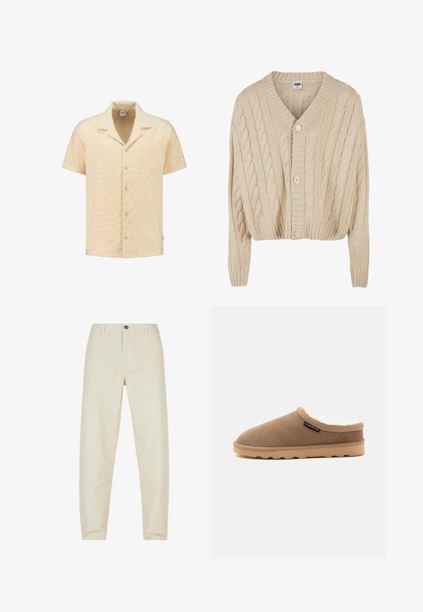 Cárdigan de punto trenzado en color crema con escote en V, mangas largas, cierre de cinco botones y dobladillo acanalado. Presenta un patrón texturizado en todo su diseño.; Camisa de manga corta en tela amarilla clara texturizada, con un patrón geométrico, cuello con muesca y cinco botones en la parte delantera.; Pantalones de color crema hechos de algodón con un diseño de pierna recta. Presentan un cierre frontal con botón y bolsillos laterales. Textura suave.; Zapatilla marrón sin cordones con suela beige y forro blanco peludo, etiqueta lateral con el logo de Quiksilver, mostrada de perfil sobre un fondo liso.