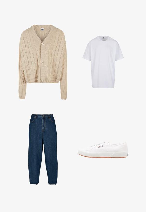 Cardigan crème en tricot torsadé avec un col en V, des manches longues, une fermeture à cinq boutons et un ourlet côtelé. Il présente un motif texturé sur l'ensemble.; T-shirt blanc uni en coton à manches courtes avec col rond et étiquette de taille et de marque visible à l'intérieur du col.; Jean en denim bleu foncé avec une coupe décontractée, taille haute et poignets élastiques. Il dispose d'une fermeture à bouton à l'avant et de cinq poches.; Baskets en toile blanches avec une semelle en caoutchouc, design à lacets et une petite étiquette logo sur le côté. Tige blanche texturée et semelle extérieure marron.