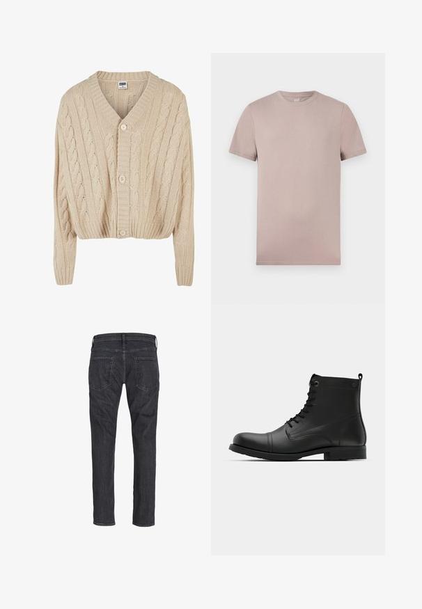 Crème kabelgebreide cardigan met V-hals, lange mouwen, vijfknopen sluiting en geribbelde zoom. Heeft een gestructureerd patroon door het geheel.; Lichtbeige T-shirt met korte mouwen en ronde hals, met een zachte textuur en zichtbare stiksels op de mouwen en de zoom.; Donkergrijze jeans met rechte pijpen, gezien van achteren, met twee achterzakken en riemlussen op de tailleband.; Zwarte leren enkellaarzen met een ronde neus, vetersluiting en een platte rubberen zool. Bevat minimale stiksels en een lus op de hiel.