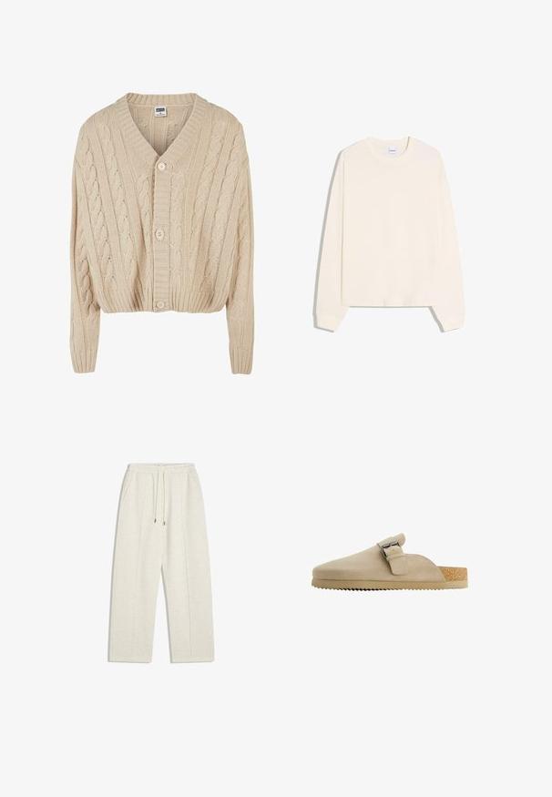 Crème kabelgebreide cardigan met V-hals, lange mouwen, vijfknopen sluiting en geribbelde zoom. Heeft een gestructureerd patroon door het geheel.; Crèmekleurige sweater met lange mouwen, een ronde halslijn, geribbelde manchetten en een licht gecropte zoom. Gemaakt van zacht katoenmateriaal.; Lichtbeige, wijde sweatpants gemaakt van zachte stof. Beschikt over een elastische tailleband met trekkoord en zijzakken voor functionaliteit.; Beige suède klomp met een gebogen vorm, verstelbare metalen gesp en een getextureerde kurken voetbed. De buitenzool heeft een getande rand voor grip.