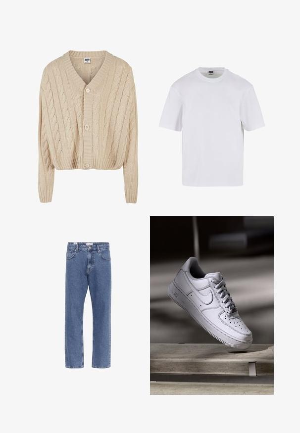 Cárdigan de punto trenzado en color crema con escote en V, mangas largas, cierre de cinco botones y dobladillo acanalado. Presenta un patrón texturizado en todo su diseño.; Camiseta blanca de manga corta hecha de algodón. Presenta un cuello redondo y un ajuste holgado. Textura suave, diseño minimalista, sin patrones ni adornos.; Vaqueros de mezclilla azul claro con un diseño de pierna recta, cinco bolsillos y una cinturilla con una etiqueta tipo tab. Textura suave con costuras clásicas.; Zapatilla Nike Air Force 1 de cuero blanco que presenta una puntera perforada, cordones planos y una suela de goma texturizada con la marca "AIR" en el lateral.