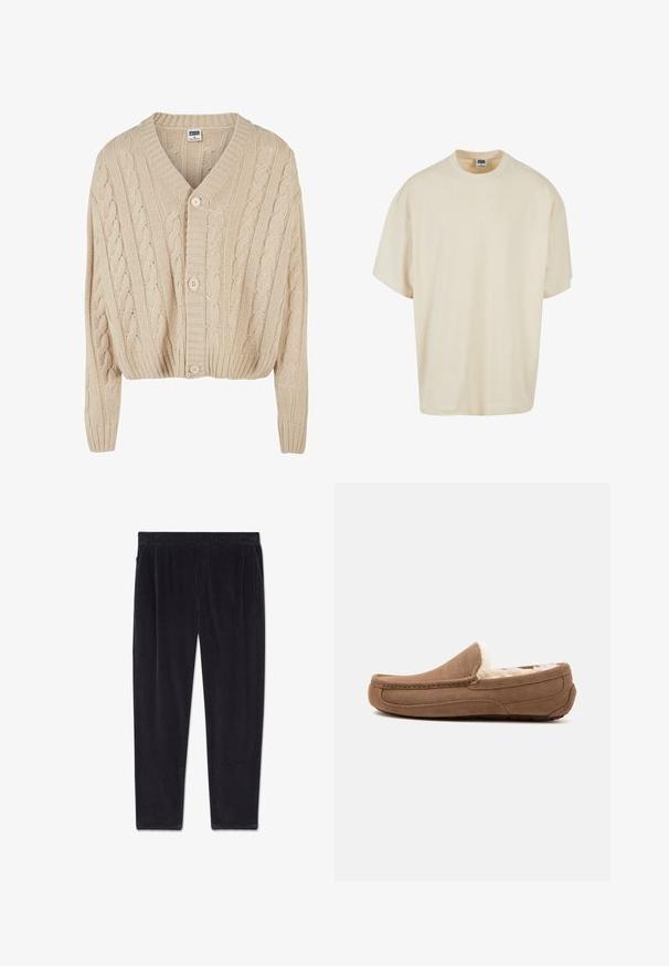 Cardigan crème en tricot torsadé avec un col en V, des manches longues, une fermeture à cinq boutons et un ourlet côtelé. Il présente un motif texturé sur l'ensemble.; T-shirt à manches courtes de couleur crème avec une coupe décontractée et un col rond ; fabriqué en coton doux, présentant de subtils détails de couture.; Pantalon en velours côtelé noir avec une ceinture élastique et des poches latérales, présenté à plat sur un fond blanc.; Chausson mocassin en daim marron avec doublure en polaire blanche et semelle en caoutchouc, présenté de côté sur un fond uni.