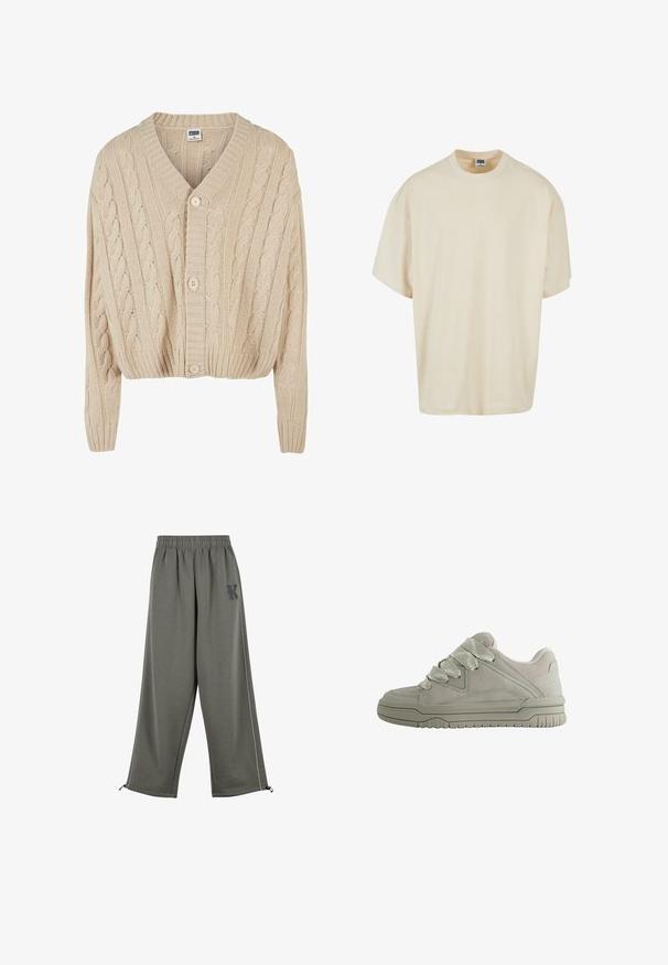 Crème kabelgebreide cardigan met V-hals, lange mouwen, vijfknopen sluiting en geribbelde zoom. Heeft een gestructureerd patroon door het geheel.; Crème-kleurig t-shirt met korte mouwen, met een ontspannen pasvorm en ronde hals; gemaakt van zachte katoen, met subtiele stikdetails.; Karl Kani KK OS SIDESTRIPE - Broek - grey; Laag model grijze sneaker met dikke, gestructureerde veters, gevoerde kraag, gestikte panelen en een geribbeld rubberen zool voor grip.
