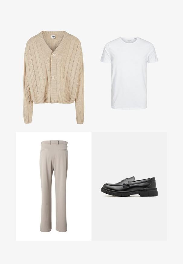 Cárdigan de punto trenzado en color crema con escote en V, mangas largas, cierre de cinco botones y dobladillo acanalado. Presenta un patrón texturizado en todo su diseño.; Camiseta de manga corta y cuello redondo en blanco sólido, fabricada en algodón suave, presenta un diseño simple sin patrones ni acentos visibles.; Pantalones beige de corte recto mostrados por detrás, con trabillas para cinturón y dos bolsillos de vivo en la cintura.; Mocasin de cuero negro con una cinta ancha en el empeine, suela de goma con tacos gruesos y textura suave. Diseño clásico y elegante.