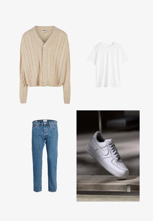 Cardigan crème en tricot torsadé avec un col en V, des manches longues, une fermeture à cinq boutons et un ourlet côtelé. Il présente un motif texturé sur l'ensemble.; T-shirt blanc uni à manches courtes et col rond avec un petit logo sur la poitrine du côté gauche, présenté sur un fond blanc.; Jean en denim bleu clair à coupe droite, avec poches avant et coutures contrastées. La taille comprend une fermeture par bouton.; La basket Nike Air Force 1 en cuir blanc présente un embout perforé, des lacets plats et une semelle en caoutchouc texturée avec le logo « AIR » sur le côté.