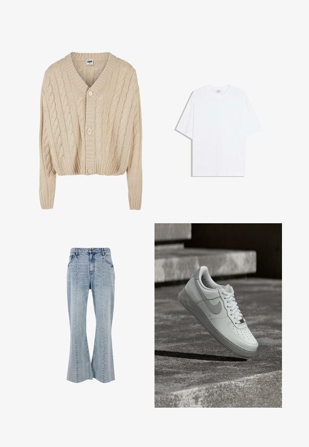 Cremfarbener Strickcardigan mit V-Ausschnitt, langen Ärmeln, fünf Knöpfen und geripptem Saum. Verfügt über ein strukturiertes Muster im gesamten Design.; Weißes, übergroßes Baumwoll-T-Shirt mit rundem Ausschnitt und kurzen Ärmeln; glatte Textur, keine sichtbaren Muster oder Akzente.; Hellblaue Denim-Jeans im Schlagstil mit vorderen Taschen, sichtbaren Nähten und einem Bund mit Gürtelschlaufen. Klassisches Fünf-Taschen-Design.; Weißer Nike Air Force 1 Sneaker, der über einer strukturierten Betonoberfläche schwebt, mit Steinstufen im Hintergrund.