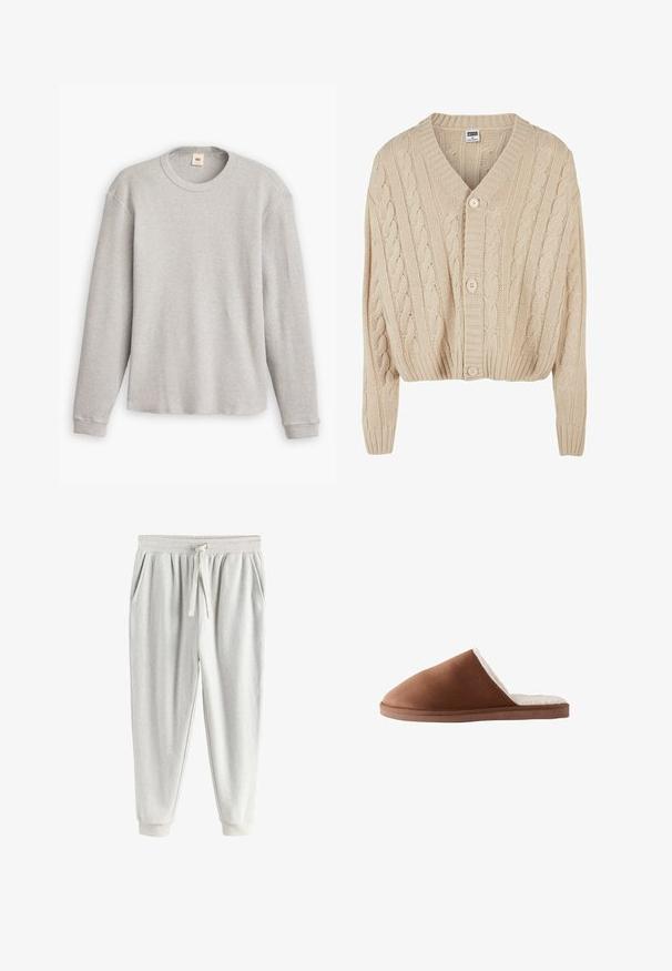 Crème kabelgebreide cardigan met V-hals, lange mouwen, vijfknopen sluiting en geribbelde zoom. Heeft een gestructureerd patroon door het geheel.; Grijze lange mouwen trui van gebreid materiaal met een geribbeld patroon, ronde halslijn en rechte zoom. De manchetten zijn aansluitend en gemaakt van zachte stof.; Lichtgrijze fleece joggingsbroek met elastische tailleband, koordje, zijzakken en boorden bij de enkels.; Bruine suède pantoffel met een zachte witte bontvoering, met een gesloten hiel ontwerp en een platte, gestructureerde zool.