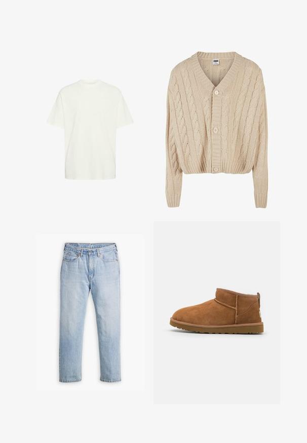 Crème kabelgebreide cardigan met V-hals, lange mouwen, vijfknopen sluiting en geribbelde zoom. Heeft een gestructureerd patroon door het geheel.; Witte katoenen t-shirt met een losse pasvorm, ronde hals, korte mouwen en een vlakke zoom, met een gladde textuur en geen zichtbare patronen.; Lichtblauwe denim jeans met een recht model, vijf zakken en contrasterende stiksels. Knopen- en ritssluiting bij de taille.; Tan suède enkellaars met een ronde neus, subtiele stiksels en een gestructureerde rubberen zool. Korte hoogte zonder veters.