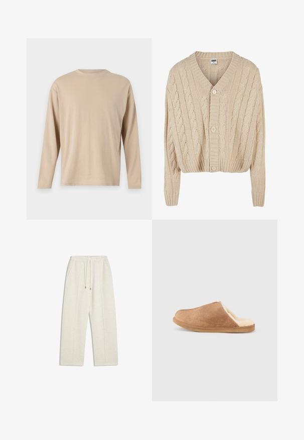 Cremfarbener Strickcardigan mit V-Ausschnitt, langen Ärmeln, fünf Knöpfen und geripptem Saum. Verfügt über ein strukturiertes Muster im gesamten Design.; Beige Langarmshirt aus weichem Stoff mit geradem Schnitt, Rundhalsausschnitt und minimalen Nähten entlang des Saums und der Ärmel.; Hellbeige, weite Sweatpants aus weichem Material. Mit elastischem Bund und Kordelzug sowie seitlichen Taschen für praktischen Nutzen.; Brauner Wildleder-Hausschuh zum Hineinschlüpfen mit cremefarbenem, weichem Fleece-Futter und Gummisohle, seitlich auf weißem Hintergrund gezeigt.