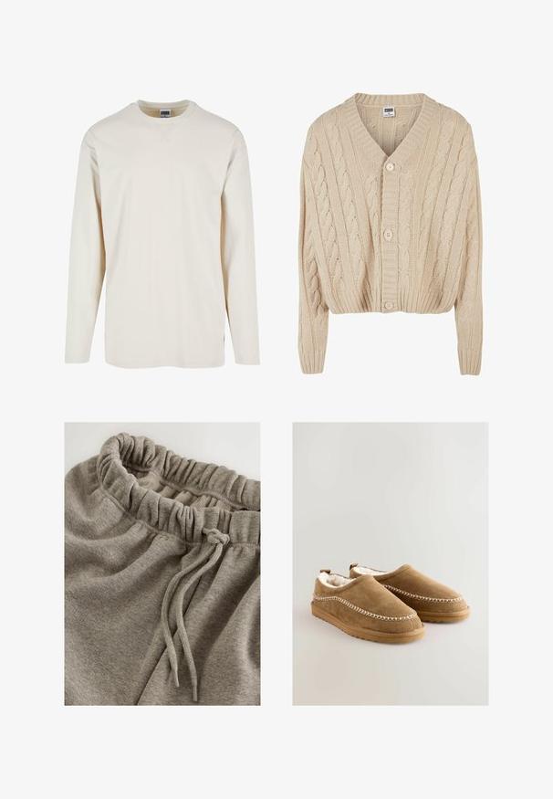 Cárdigan de punto trenzado en color crema con escote en V, mangas largas, cierre de cinco botones y dobladillo acanalado. Presenta un patrón texturizado en todo su diseño.; Camiseta de manga larga en color crema, confeccionada en suave algodón, con un escote redondo y aberturas laterales para mayor comodidad. Diseño minimalista, textura lisa.; Pantalones de chándal grises de algodón con una cinturilla elástica de textura fruncida y un cordón para mayor ajustabilidad. Tejido suave y liso.; Zapatos de ante color marrón claro sin cordones con suave forro de peluche sintético, costuras decorativas en blanco a lo largo de los lados y suelas de goma antideslizantes.