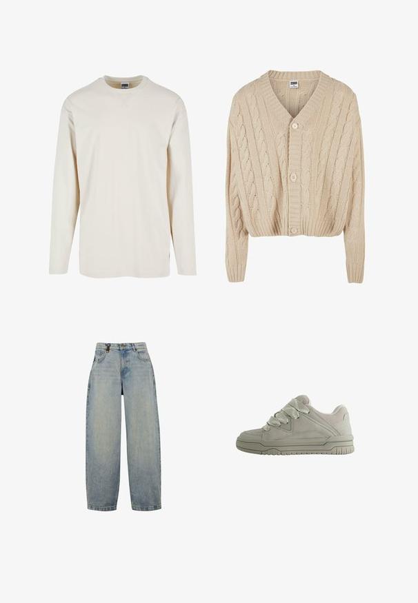 Cremefarvet kabelstrikket cardigan med V-hals, lange ærmer, fem-knaps lukning og ribbet kant. Har et struktureret mønster overalt.; Langærmet cremegul t-shirt lavet af blød bomuld, med rund halsudskæring og sideslids for ekstra komfort. Minimalistisk design, ensfarvet tekstur.; Lysblå denimjeans med en afslappet pasform, der har høj talje, brede ben, klassisk femlomme-design og metalhardware.; Lav-snit grå sneaker med tykke teksturerede snørebånd, polstret krave, syninger i panelerne og en rilled gummisål for greb.