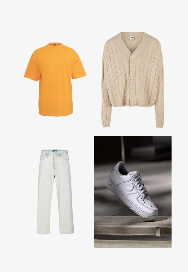 Cremfarbener Strickcardigan mit V-Ausschnitt, langen Ärmeln, fünf Knöpfen und geripptem Saum. Verfügt über ein strukturiertes Muster im gesamten Design.; Oranges Baumwoll-T-Shirt mit rundem Halsausschnitt, kurzen Ärmeln und lockerer Passform. Keine Muster oder Akzente. Glatte Textur.; Hellblaue Jeans mit geradem Bein, hohem Bund, Vorderknopfleiste und Fünf-Taschen-Design von Jack & Jones.; Weißer Nike Air Force 1 Sneaker aus Leder mit perforierter Zehenpartie, flachen Schnürsenkeln und strukturierter Gummisohle mit "AIR"-Branding an der Seite.