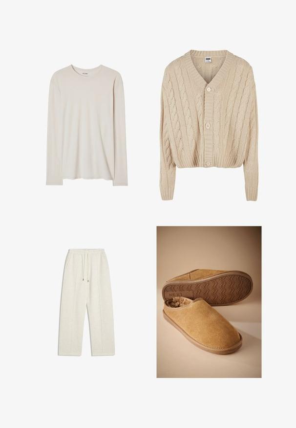 Crème kabelgebreide cardigan met V-hals, lange mouwen, vijfknopen sluiting en geribbelde zoom. Heeft een gestructureerd patroon door het geheel.; Beige lange mouwen T-shirt van zacht materiaal. Heeft een ronde halslijn en een rechte zoom, zonder zichtbare patronen of versieringen.; Lichtbeige, wijde sweatpants gemaakt van zachte stof. Beschikt over een elastische tailleband met trekkoord en zijzakken voor functionaliteit.; Bruine suède instapslippers met een zachte fleece voering en een geribbelde rubberen zool, één slipper toont de zool met het "NEXT" logo.