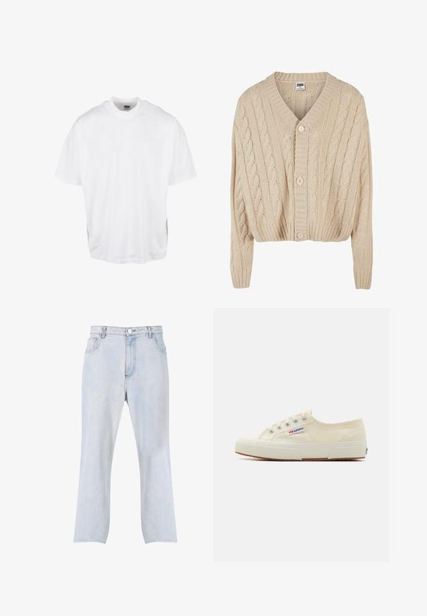 Crème kabelgebreide cardigan met V-hals, lange mouwen, vijfknopen sluiting en geribbelde zoom. Heeft een gestructureerd patroon door het geheel.; Witte katoenen t-shirt met een relaxte pasvorm, korte mouwen en een ronde halslijn, met een rechte zoom en geen zichtbare grafische afbeeldingen of patronen.; Lichtblauwe spijkerbroek met rechte pijpen, vooraan knoop- en ritssluiting en ontwerp met vijf zakken.; Beige canvas sneaker met een laag profiel, metalen oogjes en rubberen zool. Beschikt over een textuurpatroon en logodetail aan de zijkant.