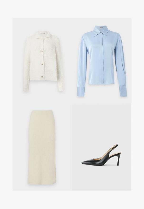 Cardigan blanc duveteux fait d'un matériau doux avec un col. Il présente cinq boutons dorés sur le devant et des manches longues. Sans motifs.; Blouse bleu clair à manches longues avec col pointu et boutons cachés à l'avant, présentée sur un fond uni gris clair.; Jupe crayon couleur crème, longueur genou, en tissu doux et texturé avec une taille haute.; Escarpins en cuir noir avec une pointe fine, une bride ajustable et un talon aiguille élégant, présentant une finition lisse.