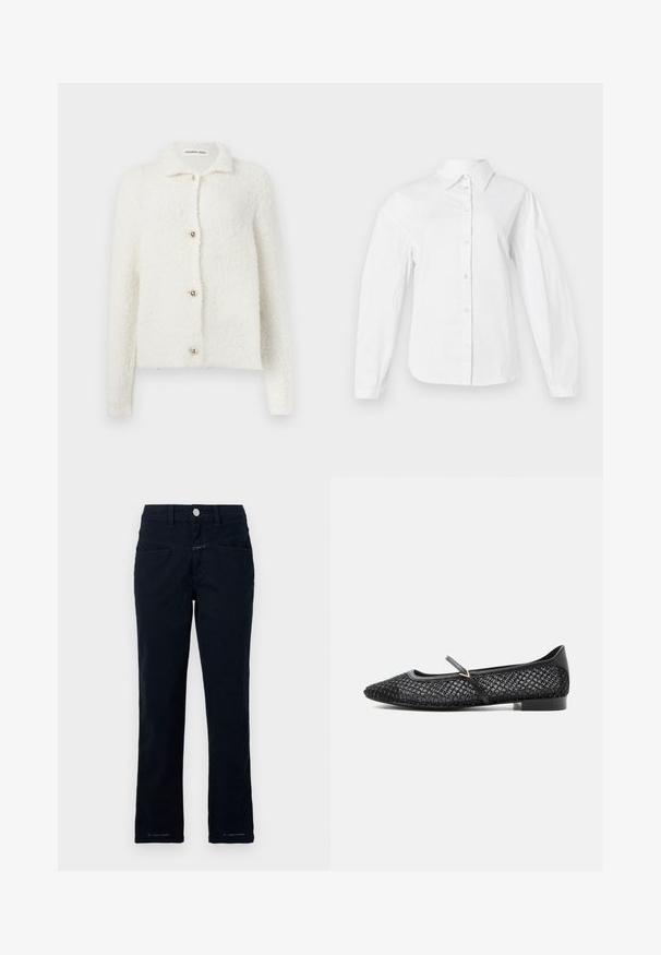 Witte, zachte cardigan van pluizig materiaal met een kraag. Voorzien van vijf gouden knopen aan de voorkant en lange mouwen. Geen patronen.; Witte button-up shirt gemaakt van gladde katoenen stof, met een klassieke kraag, lange mouwen en een rechte snit met knopen aan de voorkant.; Navy blauwe broek gemaakt van stretchkatoen met een recht model, voorzakken en een knoopsluiting bij de taille.; Zwarte platte Mary Jane-schoen met een maas diamantpatroon, enkele band met gesp en lage hak tegen een effen lichte achtergrond.