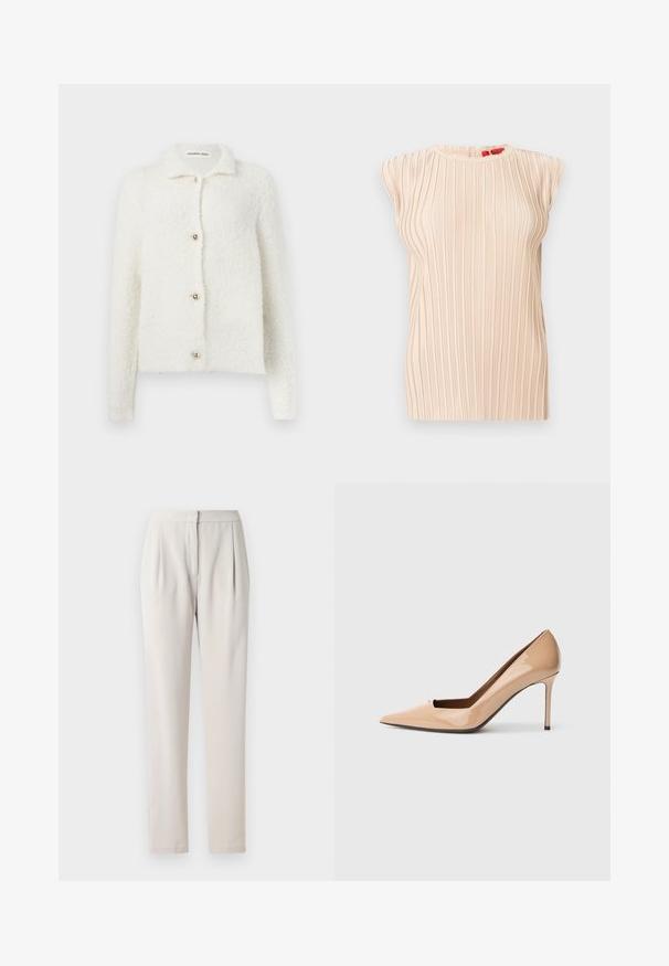 Cardigan blanco y esponjoso hecho de material suave con un cuello. Presenta cinco botones dorados en la parte delantera y mangas largas. Sin patrones.; Blusa sin mangas beige plisada con escote redondo y textura vertical sutil, mostrada sobre un fondo blanco.; Pantalones tailored beige con una tela suave y mate. Presentan pliegues en la parte delantera y una cintura ajustada, con piernas rectas y slim.; Zapato de salón de charol color nude con tacón alto, punta puntiaguda, detalle de corte abierto y tacón de aguja delgado para mayor altura.