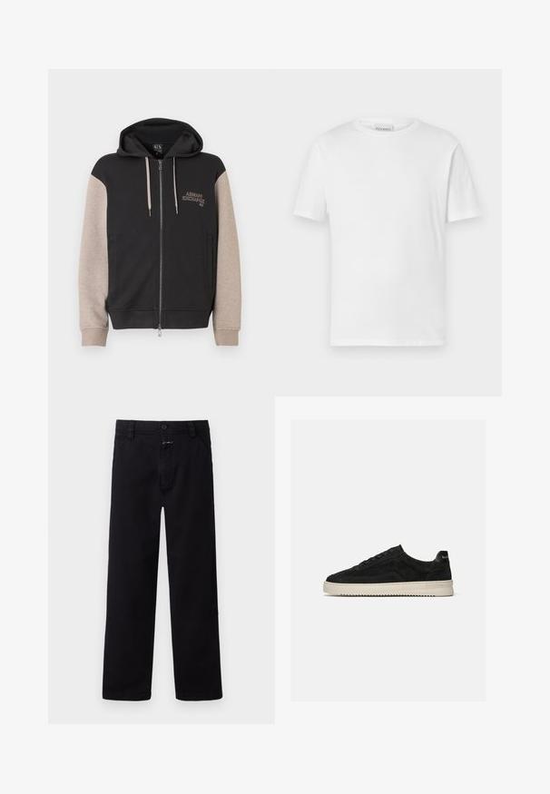 Mikina s kapucňou na zips, čierne telo a béžové rukávy. Materiál je mäkký so hladkou textúrou. Logo značky na hrudi v kontrastnej farbe.; Biela krátka tričko s krátkym rukávom vyrobené z bavlny. Má okrúhly výstrih a rovný spodný lem. Bez vzorov alebo ozdôb. Jednoduchý dizajn.; Čierne bavlnené nohavice s rovnými nohavicami, ktoré majú predné zapínanie na gombík a zips a bočné vrecká. Jednoduchý a univerzálny štýl.; Čierna semišová nízka teniska s čiernymi šnúrkami a bielou gumovou podrážkou, bočný pohľad na jednotnom svetlosivom pozadí.