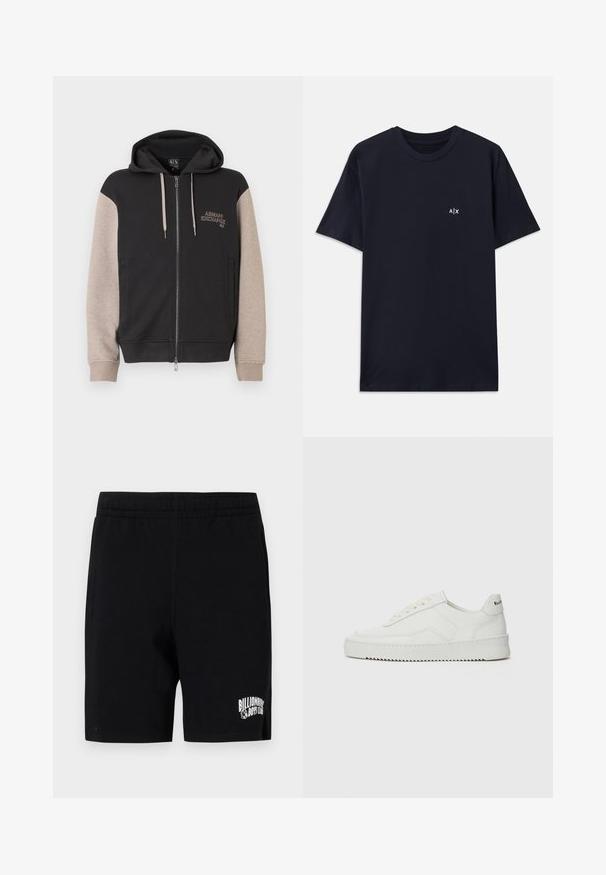 Mikina s kapucňou na zips, čierne telo a béžové rukávy. Materiál je mäkký so hladkou textúrou. Logo značky na hrudi v kontrastnej farbe.; Námornícky modré bavlnené tričko s krátkymi rukávmi a okrúhlym výstrihom. Na ľavej strane hrudníka sa nachádza malé biele logo "A|X".; Čierne šortky vyrobené z jemnej bavlnenej zmesi s elastickým pásom, s bielym logom na ľavom stehne a bočnými vreckami.; Biele kožené tenisky s hladkým povrchom, okrúly špičkový dizajn, ploché šnúrky a textúrovaná podrážka. Obsahujú jemné logo na päte.