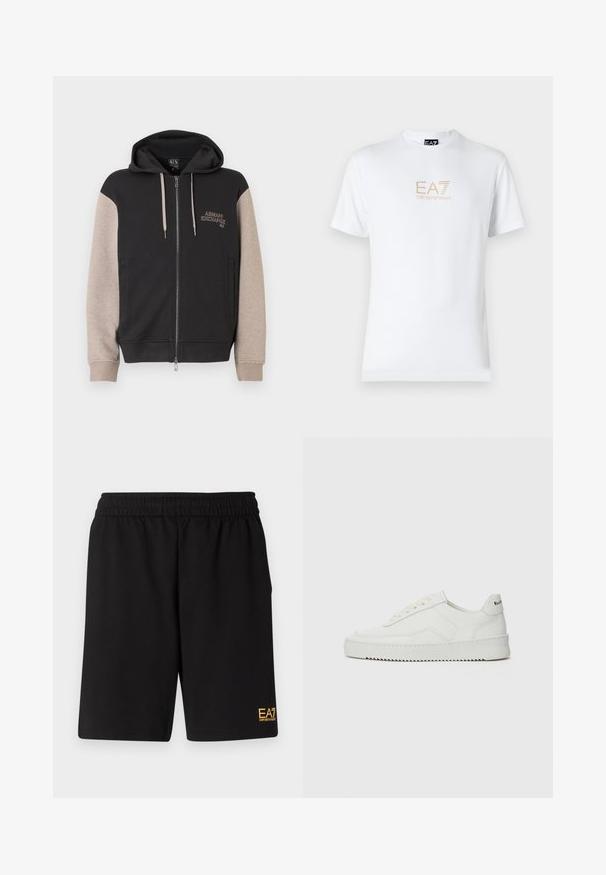Zip-up sweatvest met capuchon, met een zwart lijf en beige mouwen. Het materiaal is zacht en heeft een gladde textuur. Het merklogo staat contrasterend op de borst.; Witte katoenen t-shirt met een ronde halslijn en korte mouwen, voorzien van een gouden EA7 Emporio Armani-logo op de voorkant.; Zwarte sportshorts van zacht materiaal, met een elastische tailleband en een klein geel EA7-logo op de onderste linkeronderbroek.; Witte leren sneaker met een gladde afwerking, ronde neus, platte veters en een gestructureerde zool. Kenmerkt zich door een subtiel logo op de hiel.