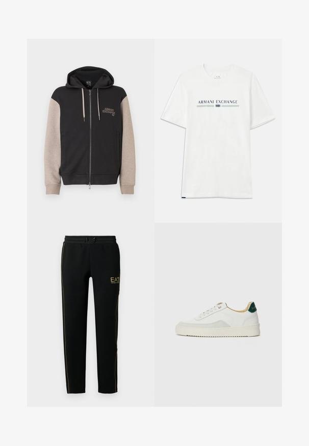 Kapuzensweatshirt mit Reißverschluss, schwarzer Körper und beige Ärmel. Das Material ist weich mit glatter Textur. Markenlogo auf der Brust in kontrastierender Farbe.; Weißes Baumwoll-T-Shirt mit kurzen Ärmeln, das ein blaues und grünes "ARMANI EXCHANGE"-Logo zeigt, mit "1991" zentriert darunter.; Schwarze Jogginghosen mit schmalem Schnitt, elastischem Bund mit Kordelzug und goldenen Akzentstreifen an den Seiten sowie einem Logo.; Weiße Sneaker mit Wildlederelementen, runder Zehenpartie, flachen Schnürsenkeln und einer cremefarbenen Gummisohle. Mit grünen Markenlogo am Fersenbereich.