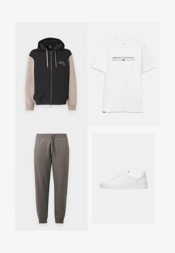 Sweat à capuche zippé avec corps noir et manches beige. Le matériau est doux avec une texture lisse. Logo de la marque sur la poitrine en couleur contrastante.; T-shirt en coton blanc à manches courtes, avec un logo "ARMANI EXCHANGE" bleu et vert et "1991" centré en dessous.; Pantalon de survêtement gris avec une taille à cordon, jambes fuselées et poignets côtelés. Texture lisse, avec un discret détail de logo.; Baskets basses blanches avec un design à lacets, dessus en cuir lisse et semelle épaisse, montrées de profil sur un fond uni.