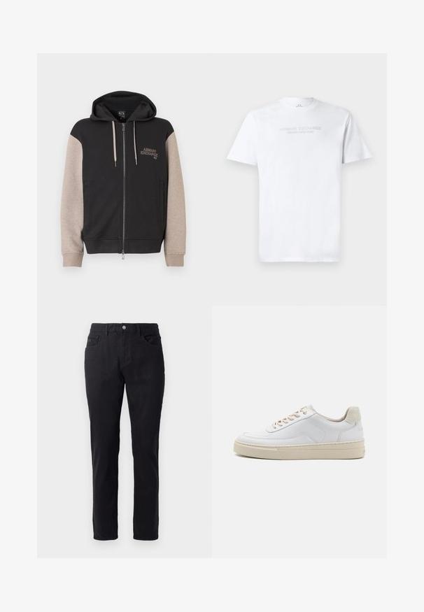 Mikina s kapucňou na zips, čierne telo a béžové rukávy. Materiál je mäkký so hladkou textúrou. Logo značky na hrudi v kontrastnej farbe.; Biela bavlnená tričko s okrúhlym výstrihom, krátkymi rukávmi a embosovaným logom "ARMANI EXCHANGE MILANO/NEW YORK" na prednej strane.; Čierne bavlnené nohavice s rovnými nohavicami, vybavené gombíkovým zapínaním, dvoma prednými vreckami a hladkou textúrou.; Biele tenisky s hladkým koženým zvrškom, béžovými šnúrkami a textúrovaným béžovým semišovým pätovým panelom. Zvýšená podrážka pre väčšiu výšku.