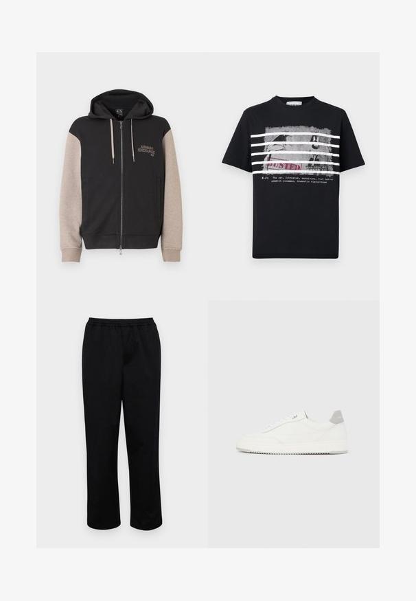 Mikina s kapucňou na zips, čierne telo a béžové rukávy. Materiál je mäkký so hladkou textúrou. Logo značky na hrudi v kontrastnej farbe.; Čierne tričko s bielymi pruhmi nad čiernobielou grafikou kresleného charakteru Sylvestra za mrežami, s nápisom "BUSTED" a textom pod ním.; Čierne nohavice strednej dĺžky s elastickým pásom. Vyrobené z hladkej látky, s pohodlným strihom a bez viditeľných vreciek alebo ozdôb.; Biela nízka teniska so sivým pätovým pásikom, bielymi šnúrkami a členitou podrážkou, zobrazená na jednoduchom svetlom pozadí.