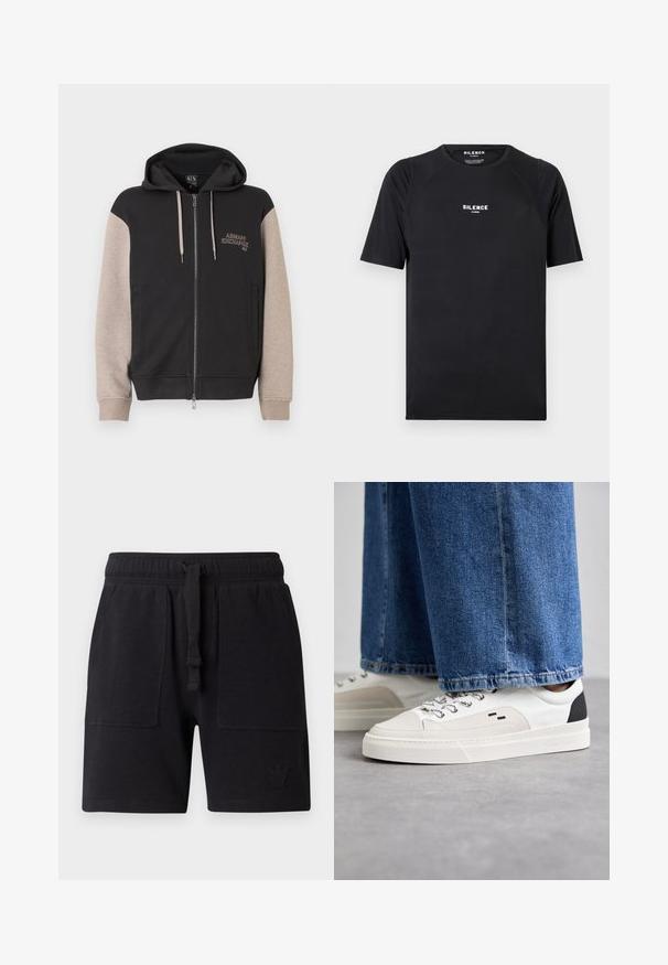 Hættetrøje med lynlås og sort krop samt beige ærmer. Materialet er blødt med en glat tekstur. Brandlogo på brystet i kontrastfarve.; Sort kortærmet t-shirt lavet af glat stof, med rund hals og et hvidt "SILENCE" logo på brystet.; Sorte shorts lavet af bomuldsblanding, med elastisk talje og snor, to sidelommer og en lille logo-detalje.; Hvide og sorte sneakers med en glat læderoverdel, teksturerede detaljer og en kraftig hvid sål. Har et klassisk snørebåndsdesign.