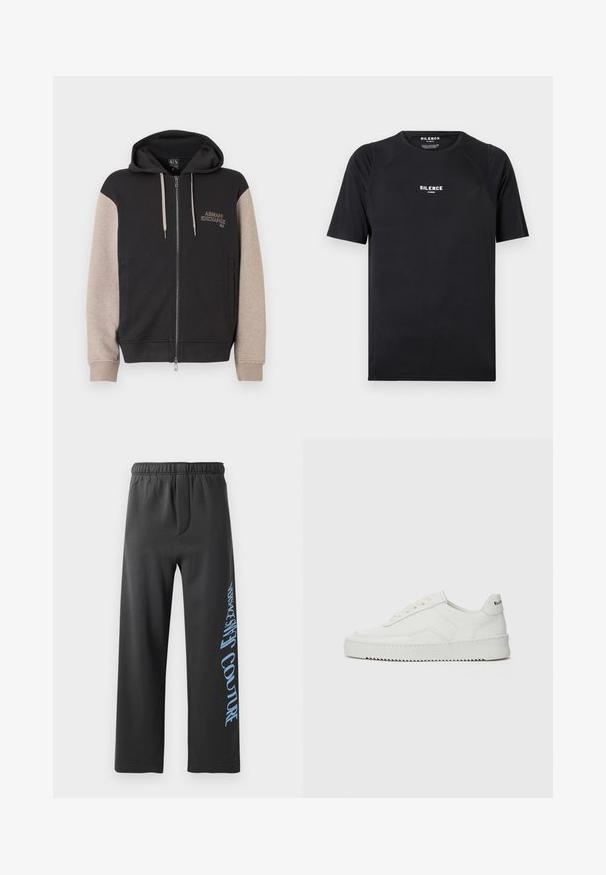 Mikina s kapucňou na zips, čierne telo a béžové rukávy. Materiál je mäkký so hladkou textúrou. Logo značky na hrudi v kontrastnej farbe.; Čierne tričko s krátkym rukávom vyrobené z hladkej látky, s okrúhlym výstrihom a bielym logom "SILENCE" na hrudi.; Čierne tepláky vyrobené z mäkkej látky, s voľným strihom a elastickým pásom. Pozoruhodný modro potlačený text po boku.; Biele kožené tenisky s hladkým povrchom, okrúly špičkový dizajn, ploché šnúrky a textúrovaná podrážka. Obsahujú jemné logo na päte.