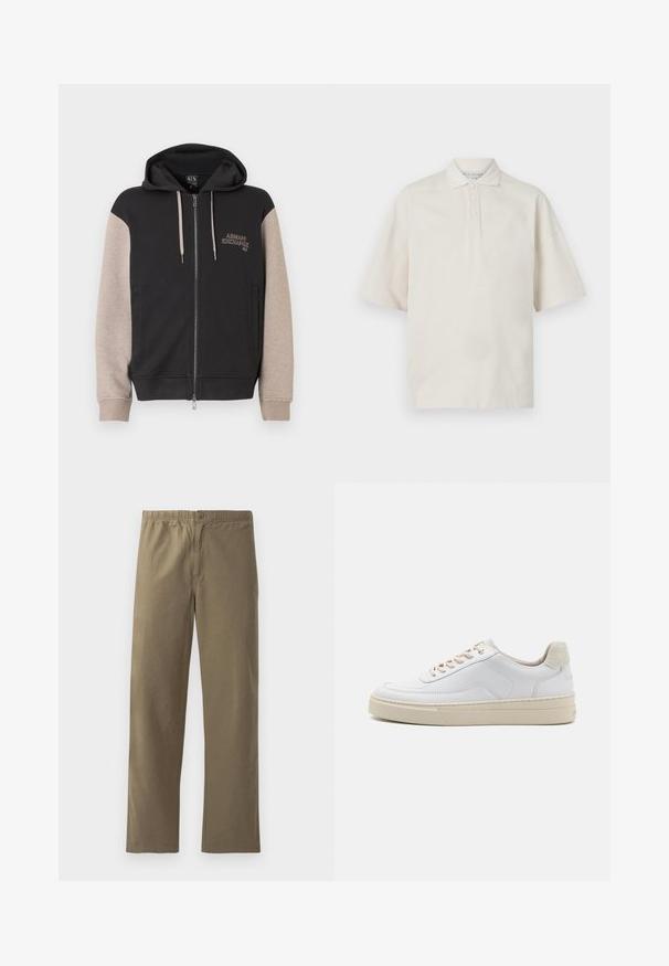 Sweat à capuche zippé avec corps noir et manches beige. Le matériau est doux avec une texture lisse. Logo de la marque sur la poitrine en couleur contrastante.; Polo beige à manches courtes, col classique, trois boutons devant et texture douce. Dispose d'une coupe décontractée et ample.; Pantalons kaki en tissu léger. Dotés d'une taille élastique, d'une fermeture à boutons, de jambes droites et d'une texture lisse.; Sneaker blanche avec un dessus en cuir lisse, des lacets beige et un onglet de talon en daim beige texturé. Semelle surélevée pour une hauteur supplémentaire.