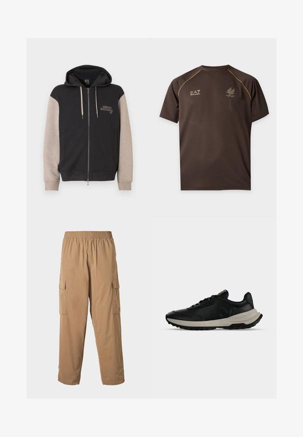 Mikina s kapucňou na zips, čierne telo a béžové rukávy. Materiál je mäkký so hladkou textúrou. Logo značky na hrudi v kontrastnej farbe.; Tmavohnedé športové tričko s krátkym rukávom so žltým lemom na pleciach, logo EA7 Emporio Armani na ľavej strane hrudníka a emblém Milano Italia na pravej strane hrudníka.; Béžové cargo nohavice s elastickým pásom, ktoré majú viacero bočných vreciek a ľahkú, hladkú textúru. Rovný strih.; Čierna nízka teniska s textúrovaným koženým zvrškom, bielou hrubou podrážkou a čiernou drážkovanou vonkajšou podrážkou, zobrazená z vonkajšej strany na sivom pozadí.