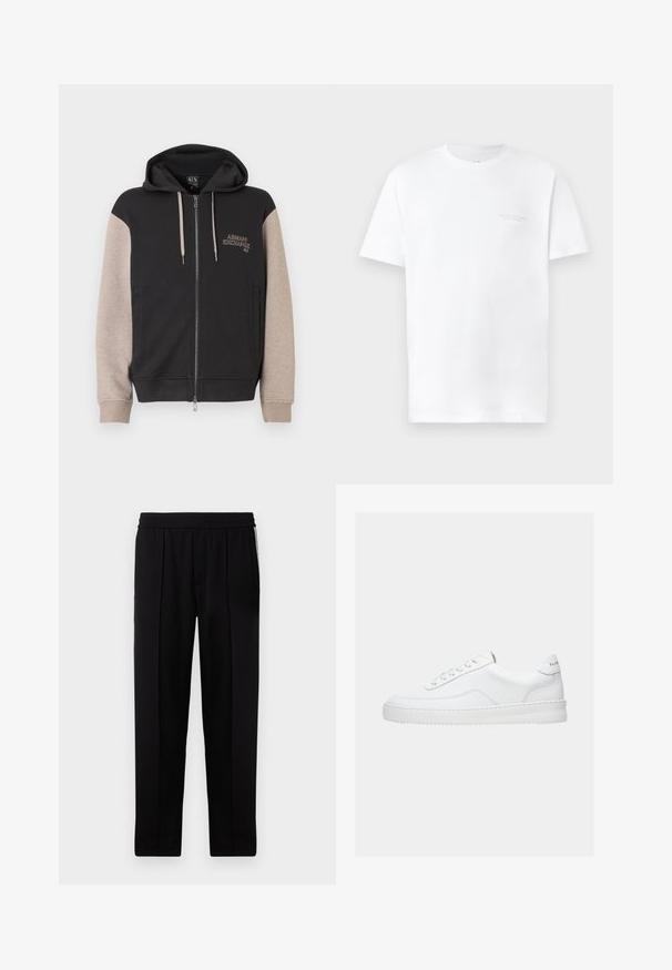 Hættetrøje med lynlås og sort krop samt beige ærmer. Materialet er blødt med en glat tekstur. Brandlogo på brystet i kontrastfarve.; Hvid bomulds t-shirt med korte ærmer, rund halsudskæring, der har et diskret gråt logo print på venstre bryst og en glat overflade.; Sorte skræddersyede bukser med en glat tekstur, elastisk talje og to sidelommer. Har et elegant, lige ben design.; Hvid lavt sneaker med snørelukning, glat læderoverdel og tyk sål, vist fra siden på en ensfarvet baggrund.