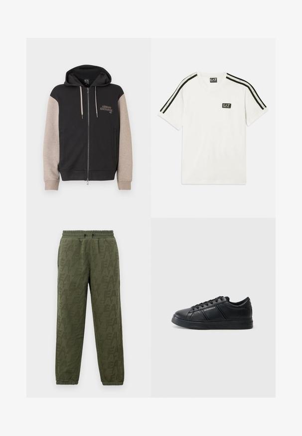 Kapuzensweatshirt mit Reißverschluss, schwarzer Körper und beige Ärmel. Das Material ist weich mit glatter Textur. Markenlogo auf der Brust in kontrastierender Farbe.; Weißes Baumwoll-T-Shirt mit Rundhalsausschnitt, kurzen Ärmeln, schwarzen Akzentstreifen an den Schultern und kleinem EA7-Logo auf der Brust.; Olivengrüne Fleece-Jogginghosen mit elastischem Bund und Bündchen, die ein dezentes, tonal abgestimmtes EA7-Logo-Muster auf der gesamten Oberfläche aufweisen.; Schwarze Leder-Sneaker mit glatter Oberfläche, abgerundeter Zehenpartie, Schnürung an der Vorderseite, gepolstertem Kragen und strukturierten Seitenelementen. Dezente Logodetails sichtbar.