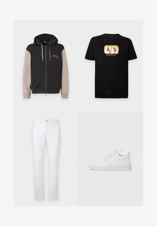 Zip-up sweatvest met capuchon, met een zwart lijf en beige mouwen. Het materiaal is zacht en heeft een gladde textuur. Het merklogo staat contrasterend op de borst.; Zwarte katoenen t-shirt met een gouden rechthoekig logo met de tekst "A|X" en daaronder "ARMANI EXCHANGE". Klassieke pasvorm met korte mouwen.; Witte denimjeans met een rechte pijp, voorzien van twee voorzakken, een achterzak en een metalen knoopsluiting in de taille.; Witte leren sneaker met een afgeronde neus, platte zool en veters aan de voorkant. Voorzien van stikseldetails en een gevoerde kraag voor comfort.