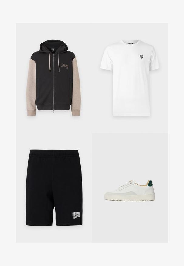 Zip-up sweatvest met capuchon, met een zwart lijf en beige mouwen. Het materiaal is zacht en heeft een gladde textuur. Het merklogo staat contrasterend op de borst.; Witte katoenen t-shirt met korte mouwen, voorzien van een klein zwart logo op de linkerborst. Klassiek ronde hals ontwerp.; Zwarte shorts van een zachte katoenmix met een elastische tailleband, voorzien van een wit logo op het linkerpootje en zijzakken.; Witte sneaker met suède accenten, ronde neus, platte veters en een crème rubberen zool. Bevat groene branding op de hiel.