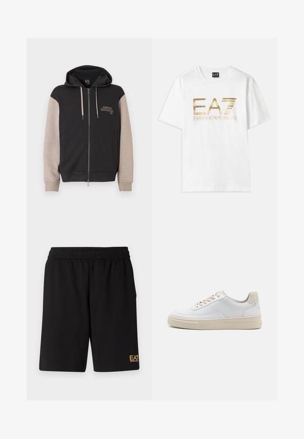 Hættetrøje med lynlås og sort krop samt beige ærmer. Materialet er blødt med en glat tekstur. Brandlogo på brystet i kontrastfarve.; Hvid bomulds t-shirt med et stort guldmetallic "EA7" logo og teksten "EMPORIO ARMANI" nedenunder, med korte ærmer og rund hals.; Sorte atletiske shorts lavet af blødt stof, med en elastisk talje og et lille gult EA7-logo nederst på venstre ben.; Hvide sneakers med en glat læderoverdel, beige snørebånd og en tekstureret beige ruskindsheel-tab. Hævet sål for ekstra højde.