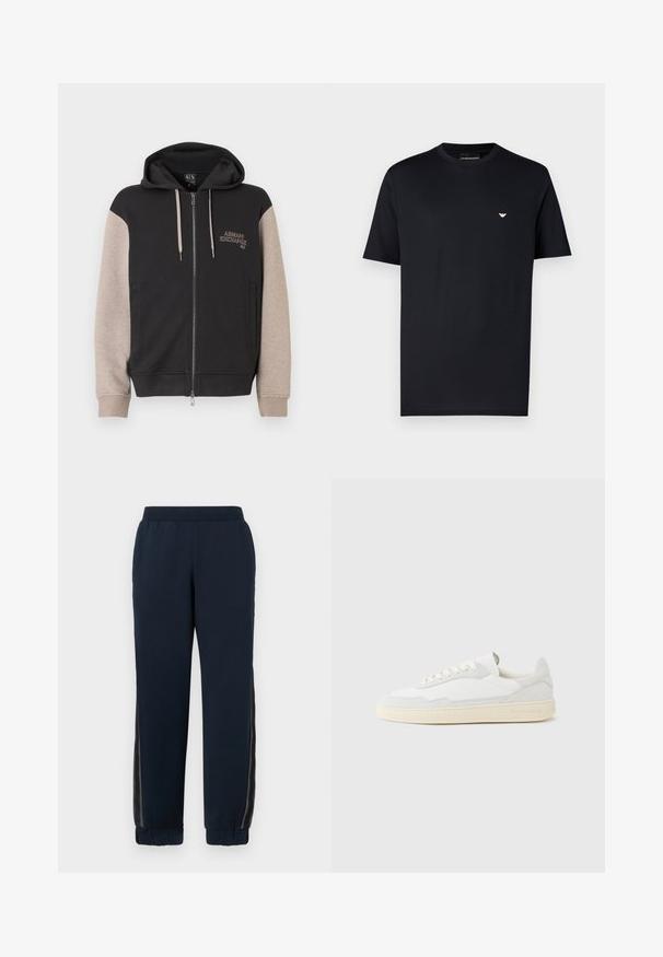 Kapuzensweatshirt mit Reißverschluss, schwarzer Körper und beige Ärmel. Das Material ist weich mit glatter Textur. Markenlogo auf der Brust in kontrastierender Farbe.; Schwarzes Baumwoll-T-Shirt mit Rundhalsausschnitt, kurzen Ärmeln und kleinem goldenem Logo auf der Brust. Glatte Textur, Standardpassform.; Navy Sweatpants mit weichem Material, schmal zulaufenden Bündchen und Netzseiteneinsätzen. Elastischer Bund für Komfort und legere Passform.; Weißer Sneaker mit strukturiertem Obermaterial aus Wildleder und Leder. Verfügt über eine runde Zehenpartie, Schnürverschluss und eine kontrastierende beige Gummisohle.