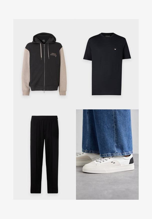 Zip-up sweatvest met capuchon, met een zwart lijf en beige mouwen. Het materiaal is zacht en heeft een gladde textuur. Het merklogo staat contrasterend op de borst.; Zwart katoenen T-shirt met een ronde hals, korte mouwen en een klein goudkleurig logo op de borst. Gladde textuur, standaard pasvorm.; Zwarte op maat gemaakte broek met een gladde textuur, een elastische tailleband en twee zijzakken. Kenmerkt zich door een slank, recht model.; Witte en zwarte sneakers met een glad leren bovenwerk, textuuraccenten en een chunky witte zool. Heeft een klassiek vetersluiting ontwerp.