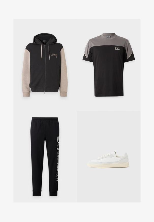 Hættetrøje med lynlås og sort krop samt beige ærmer. Materialet er blødt med en glat tekstur. Brandlogo på brystet i kontrastfarve.; Sort og grå EA7 Emporio Armani T-shirt med korte ærmer, logo på brystet og hvid kant på ærmerne.; Sorte sweatpants lavet af en bomuldsblanding, med elastisk talje, smalle ben, ribbede manchetter og hvidt logo print langs siden.; Hvid sneakers med en øvre del i tekstureret ruskind og læder. Har rundet tå, snørelukning og kontrasterende beige gummisål.