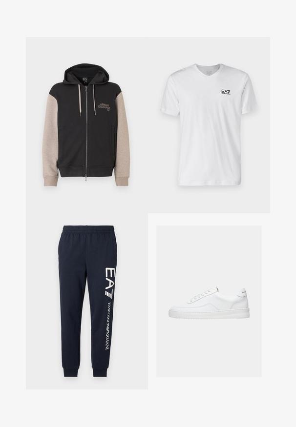Mikina s kapucňou na zips, čierne telo a béžové rukávy. Materiál je mäkký so hladkou textúrou. Logo značky na hrudi v kontrastnej farbe.; Biely bavlnený tričko s výstrihom do V, krátkymi rukávmi, s čiernym logom EA7 na ľavej hrudi. Hladká textúra, jednoduchý dizajn.; Námornícke modré bavlnené jogger nohavice s elastickým pásom, zúženými nohami a kontrastnými bielymi logami EA7 a Emporio Armani potlačenými po boku.; Biela nízka teniska so šnurovacím dizajnom, hladkým koženým zvrškom a hrubou podrážkou, zobrazená z bočného pohľadu na jednoduchom pozadí.