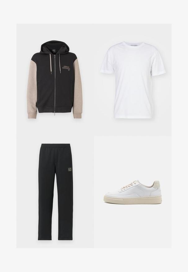 Zip-up sweatvest met capuchon, met een zwart lijf en beige mouwen. Het materiaal is zacht en heeft een gladde textuur. Het merklogo staat contrasterend op de borst.; Witte katoenen T-shirt met een ronde hals, korte mouwen en een rechte snit. Geen patronen of versieringen, gladde textuur en eenvoudig ontwerp.; Zwarte sweatpants met rechte pijpen, voorzien van een elastische tailleband en een zwart patchlogo op de bovenste linker dij.; Witte sneaker met een gevoerd leren bovenwerk, beige veters en een gestructureerde beige suede hieltab. Verhoogde zool voor extra hoogte.