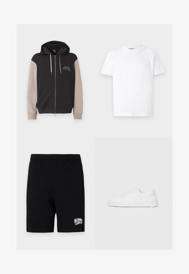 Kapuzensweatshirt mit Reißverschluss, schwarzer Körper und beige Ärmel. Das Material ist weich mit glatter Textur. Markenlogo auf der Brust in kontrastierender Farbe.; Weißes Baumwoll-T-Shirt mit Rundhalsausschnitt und kurzen Ärmeln. Besitzt ein kleines, geprägtes Logo auf der linken Brust. Glatte Textur.; Schwarze Shorts aus weichem Baumwollmix mit einem elastischen Bund, versehen mit einem weißen Logo auf dem linken Bein und Seitentaschen.; Weißer Sneaker mit einem Obermaterial aus glattem Leder, abgerundetem Zehenbereich, Schnürsenkeln, strukturierten seitlichen Akzenten und einer dicken Gummisohle. Minimalistisches Design.