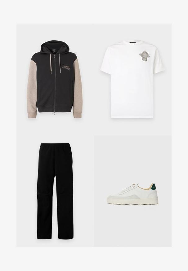 Hættetrøje med lynlås og sort krop samt beige ærmer. Materialet er blødt med en glat tekstur. Brandlogo på brystet i kontrastfarve.; Hvid bomuld t-shirt med en diamantformet grå logo på venstre bryst. Korte ærmer, rund halsudskæring og standard pasform.; Sorte fleecebukser med elastisk talje og lige ben. Glat tekstur uden synlige mønstre eller hardware.; Hvide sneakers med ruskindsdetaljer, rund tå, flade snørebånd og en cremet gummisål. Har grøn branding på hælen.