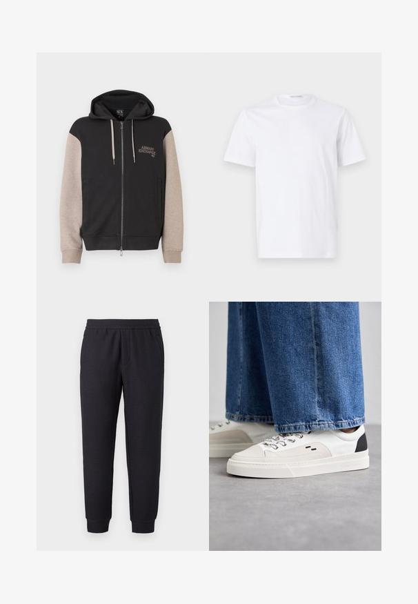 Hættetrøje med lynlås og sort krop samt beige ærmer. Materialet er blødt med en glat tekstur. Brandlogo på brystet i kontrastfarve.; Hvid bomulds t-shirt med rund halsudskæring og korte ærmer. Glat tekstur, lige snit og minimalistisk design uden mønstre eller accenter.; Sorte, tilspidsede joggingbukser med elastisk talje og buksekant, med et diskret tekstureret mønster og sidelommer.; Hvide og sorte sneakers med en glat læderoverdel, teksturerede detaljer og en kraftig hvid sål. Har et klassisk snørebåndsdesign.