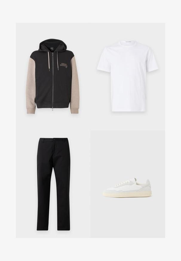 Hættetrøje med lynlås og sort krop samt beige ærmer. Materialet er blødt med en glat tekstur. Brandlogo på brystet i kontrastfarve.; Hvid bomulds t-shirt med rund halsudskæring og korte ærmer. Glat tekstur, lige snit og minimalistisk design uden mønstre eller accenter.; Sorte lige bukser med knap- og lynlåslukning, bæltestropper og forlommer, præsenteret på hvid baggrund.; Hvid sneakers med en øvre del i tekstureret ruskind og læder. Har rundet tå, snørelukning og kontrasterende beige gummisål.